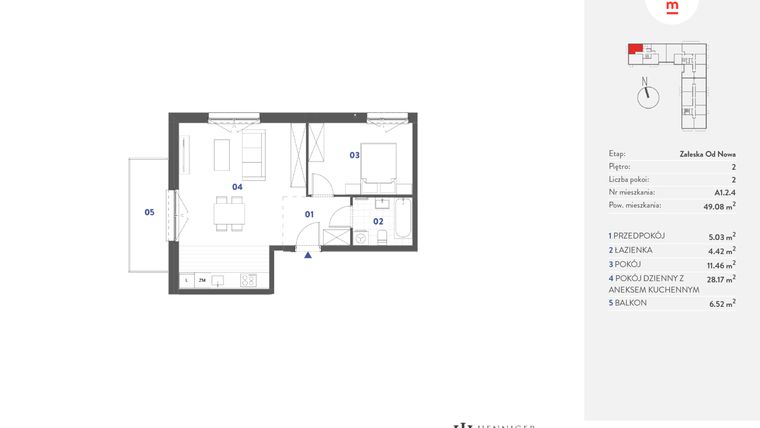 Rzut - Mieszkanie na sprzedaż 2 pokoje o powierzchni 49,08 m² - numer A1.2.4 w Mieszkaj w mieście Załęska od Nowa