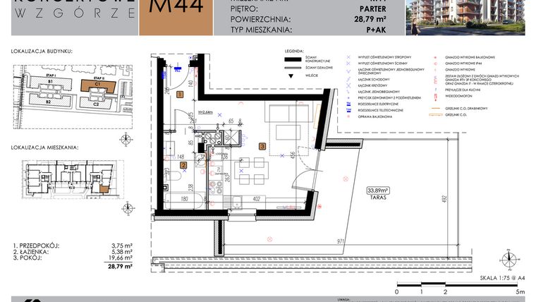 Rzut - Mieszkanie na sprzedaż 1 pokój o powierzchni 28,79 m² - numer C1_M44/P w Koncertowe Wzgórze etap II