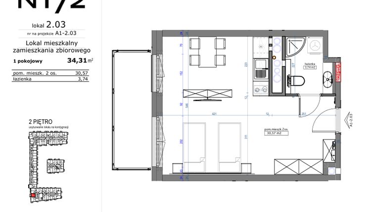 Rzut - Mieszkanie na sprzedaż 1 pokój o powierzchni 34,31 m² - numer 02.03 w Naramowicka 172