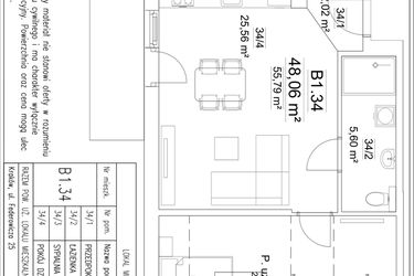 Rzut - Mieszkanie na sprzedaż 2 pokoje o powierzchni 48,06 m² - numer B1.34 w Osiedle Versus