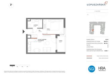 Rzut - Mieszkanie na sprzedaż 2 pokoje o powierzchni 40,15 m² - numer H.3.3 w Łopuszańska 47 - etap 3