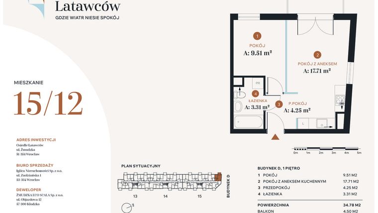 Rzut - Mieszkanie na sprzedaż 2 pokoje o powierzchni 34,78 m² - numer D15-12 w Osiedle Latawców