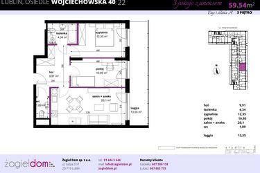 Rzut - Mieszkanie na sprzedaż 3 pokoje o powierzchni 59,54 m² - numer 22 w Wojciechowska Square