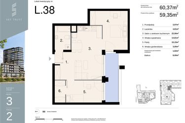 Rzut - Mieszkanie na sprzedaż 2 pokoje o powierzchni 60,37 m² - numer L38 w Sky Trust etap II - Apartamenty inwestycyjne