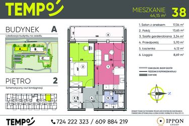 Rzut - Mieszkanie na sprzedaż 2 pokoje o powierzchni 44,15 m² - numer A38 w Osiedle TEMPO