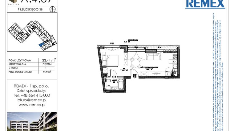 Rzut - Mieszkanie na sprzedaż 1 pokój o powierzchni 33,44 m² - numer A.4.39 w Osiedle BALTICA