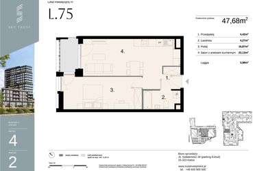 Rzut - Mieszkanie na sprzedaż 2 pokoje o powierzchni 47,68 m² - numer L75 w Sky Trust etap II - apartamenty inwestycyjne 23% VAT PRS