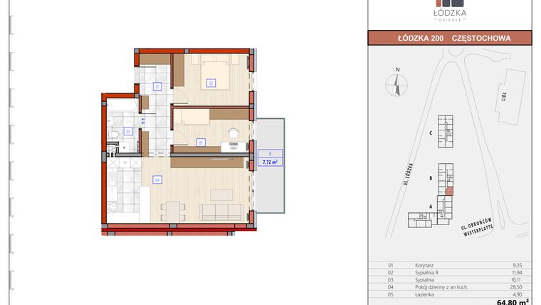 Rzut - Mieszkanie na sprzedaż 3 pokoje o powierzchni 64,85 m² - numer B.M.19 w Łódzka Osiedle