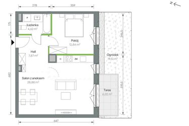 Rzut - Mieszkanie na sprzedaż 2 pokoje o powierzchni 54,21 m² - numer 2/B/1/03 w Oliwska Vita