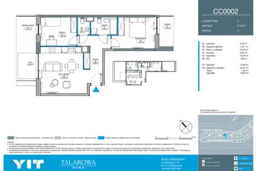 Rzut - Mieszkanie na sprzedaż 3 pokoje o powierzchni 57,46 m² - numer CC0002 w Talarowa Park