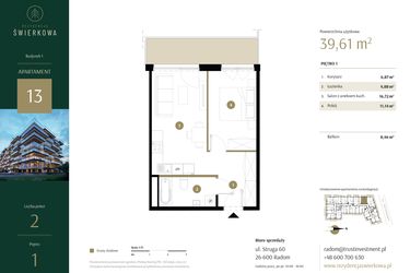 Rzut - Mieszkanie na sprzedaż 2 pokoje o powierzchni 39,61 m² - numer 13 w Rezydencja Świerkowa