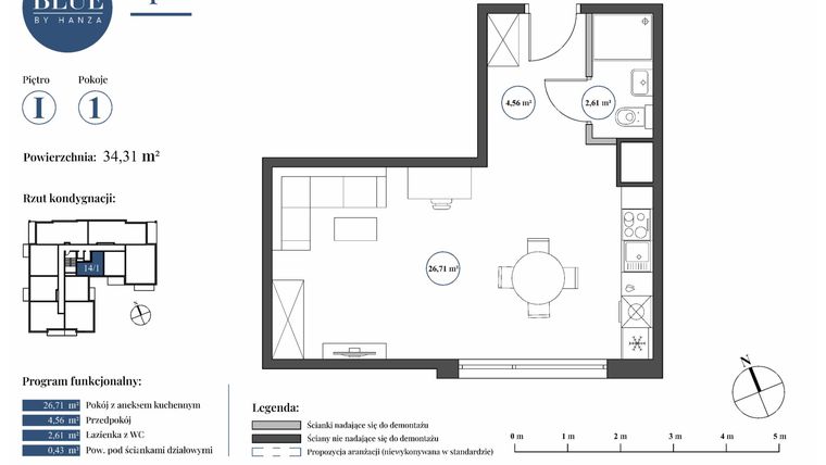 Rzut - Mieszkanie na sprzedaż 1 pokój o powierzchni 34,31 m² - numer 14/1 w Blue by Hanza