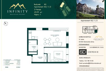 Rzut - Mieszkanie na sprzedaż 2 pokoje o powierzchni 43,22 m² - numer B3.-1.2 w Infinity Mountain Resort