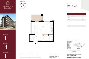 Rzut - Mieszkanie na sprzedaż 1 pokój o powierzchni 25,27 m² - numer 1.M70 w Krakowska Rogatka