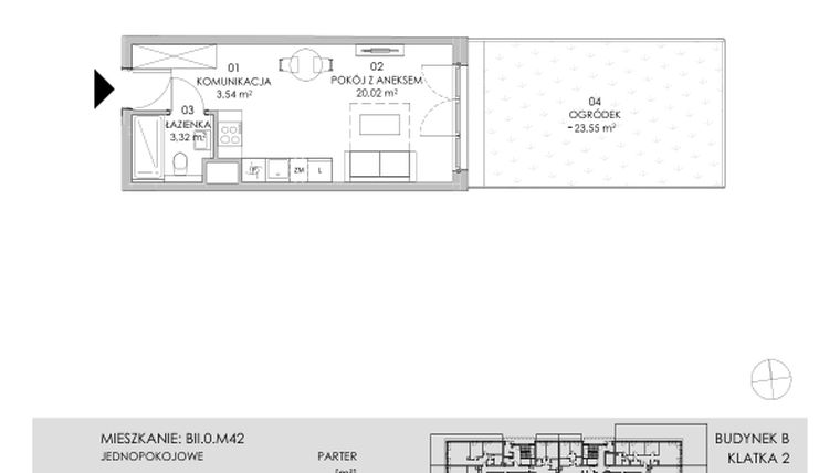 Rzut - Mieszkanie na sprzedaż 1 pokój o powierzchni 26,88 m² - numer BII.0.M42 w Przewóz 42 ATAL II