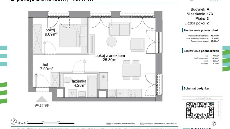 Rzut - Mieszkanie na sprzedaż 2 pokoje o powierzchni 46,47 m² - numer 173 w Osiedle Fokus Ursus