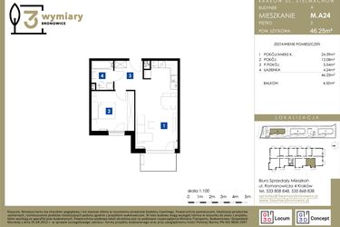 Rzut - Mieszkanie na sprzedaż 2 pokoje o powierzchni 46,25 m² - numer M.A24 w 3 Wymiary Bronowice