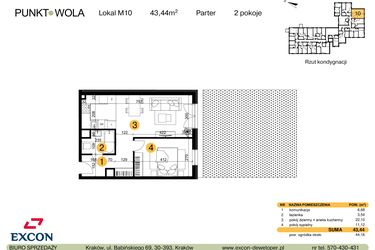 Rzut - Mieszkanie na sprzedaż 2 pokoje o powierzchni 43,44 m² - numer M10 w Punkt Wola