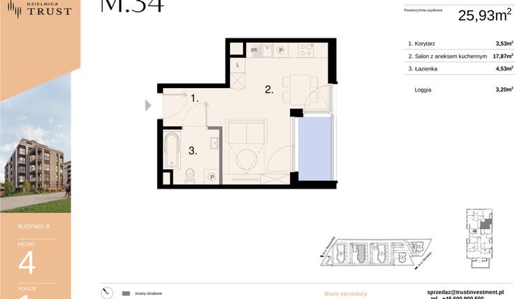 Rzut - Mieszkanie na sprzedaż 1 pokój o powierzchni 25,93 m² - numer B - M.34 w Dzielnica Trust