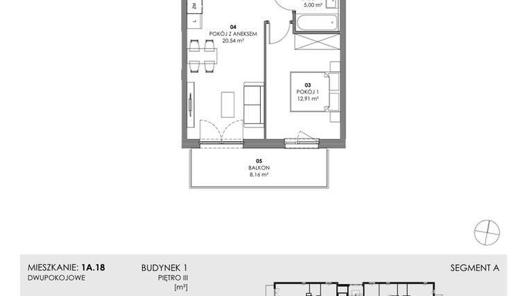 Rzut - Mieszkanie na sprzedaż 2 pokoje o powierzchni 42,24 m² - numer 1A.18 w Akacjowa Wita