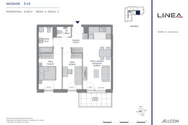 Rzut - Mieszkanie na sprzedaż 3 pokoje o powierzchni 61 m² - numer B.4.8 w Linea