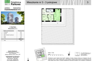 Rzut - Mieszkanie na sprzedaż 3 pokoje o powierzchni 48,59 m² - numer 3/B8 w Dzielnica Parkowa VIII