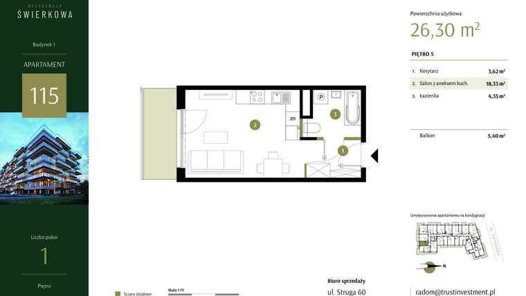 Rzut - Mieszkanie na sprzedaż 1 pokój o powierzchni 26,3 m² - numer 115 w Rezydencja Świerkowa