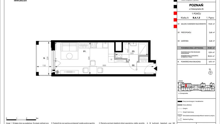 Rzut - Mieszkanie na sprzedaż 1 pokój o powierzchni 29,8 m² - numer B.A.1.2 w Zajezdnia