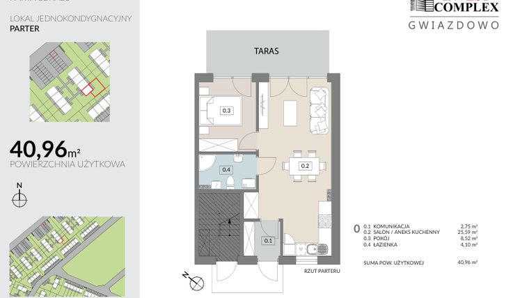 Rzut - Mieszkanie na sprzedaż 2 pokoje o powierzchni 40,96 m² - numer A24.1 w Osiedle Gwiazdowo etap 4b