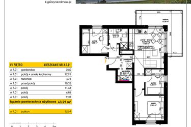 Rzut - Mieszkanie na sprzedaż 4 pokoje o powierzchni 63,29 m² - numer A 7.01 w Park Moniuszki II C