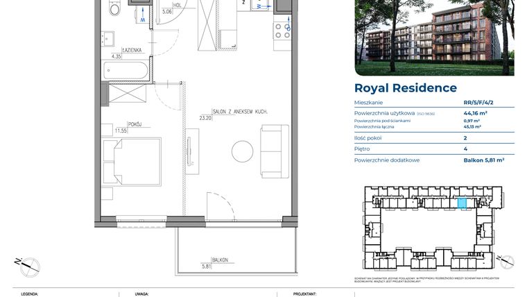 Rzut - Mieszkanie na sprzedaż 2 pokoje o powierzchni 44,25 m² - numer RR/5/F/4/2 w Royal Residence 5