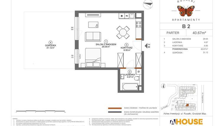 Rzut - Mieszkanie na sprzedaż 1 pokój o powierzchni 40,67 m² - numer B2 w Apartamenty Rusałki