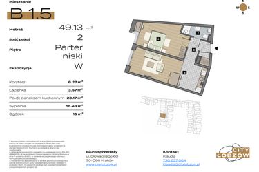 Rzut - Mieszkanie na sprzedaż 2 pokoje o powierzchni 49,13 m² - numer B 1.5 w City Łobzów