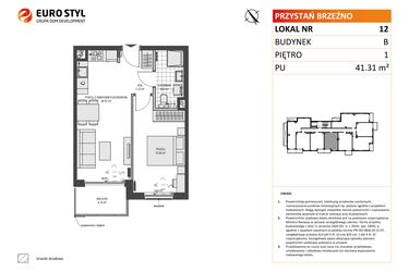 Rzut - Mieszkanie na sprzedaż 2 pokoje o powierzchni 41,31 m² - numer B12 w Przystań Brzeźno etap 1.2