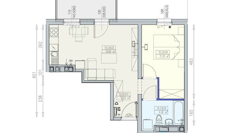 Rzut - Mieszkanie na sprzedaż 2 pokoje o powierzchni 40,47 m² - numer K2 10/3/8/2a w Południk 17 - budynek K2