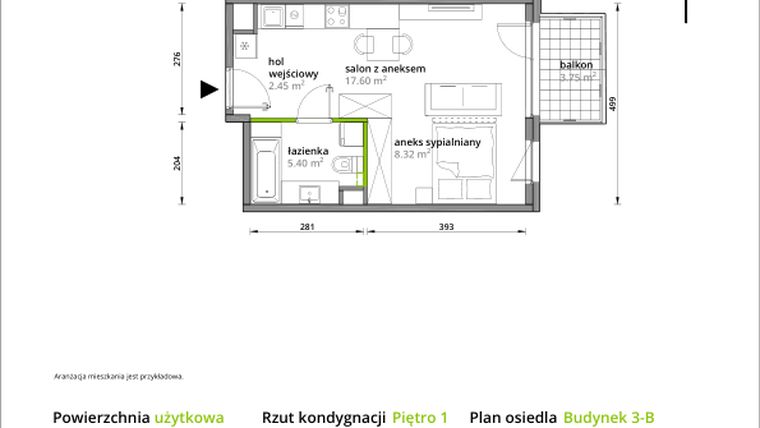 Rzut - Mieszkanie na sprzedaż 1 pokój o powierzchni 33,77 m² - numer B/003 w Aleje Praskie