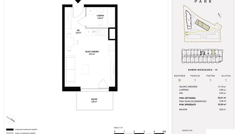 Rzut - Mieszkanie na sprzedaż 1 pokój o powierzchni 29,99 m² - numer B1.19 w Witosa Park