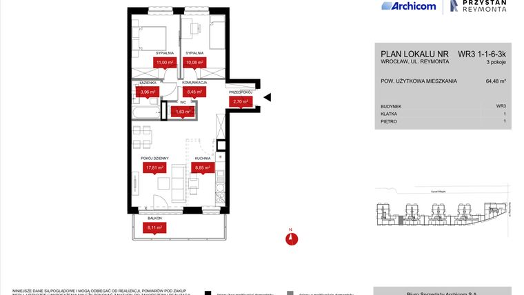 Rzut - Mieszkanie na sprzedaż 3 pokoje o powierzchni 64,48 m² - numer WR3 1/1/6/3k w Przystań Reymonta etap II