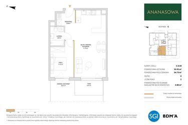 Rzut - Mieszkanie na sprzedaż 2 pokoje o powierzchni 54,73 m² - numer C.0.04 w Ananasowa