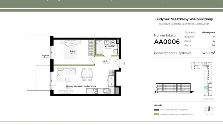Rzut - Mieszkanie na sprzedaż 2 pokoje o powierzchni 37,91 m² - numer AA0006 w Orneko