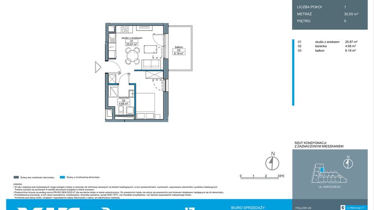 Rzut - Mieszkanie na sprzedaż 1 pokój o powierzchni 30,62 m² - numer A.5.13 w Rakoczego 17