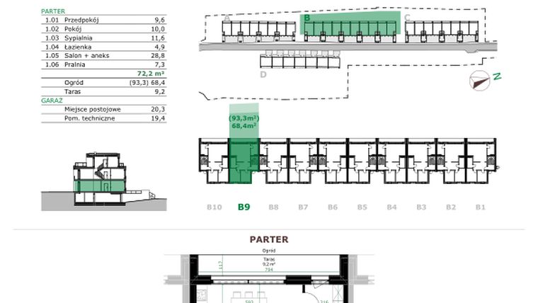 Rzut - Mieszkanie na sprzedaż 3 pokoje o powierzchni 72,2 m² - numer B.9.1. w Dębowe Zacisze