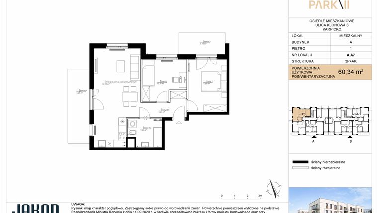 Rzut - Mieszkanie na sprzedaż 3 pokoje o powierzchni 60,34 m² - numer A.A7 w Merano Park II