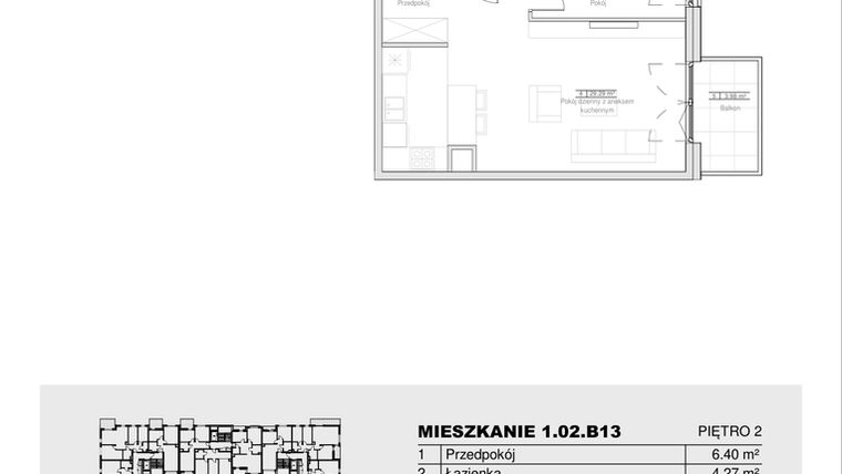 Rzut - Mieszkanie na sprzedaż 2 pokoje o powierzchni 52,85 m² - numer 1.02.B13 w Ogrody Andersa III
