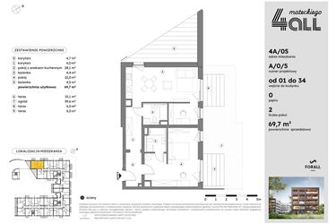 Rzut - Mieszkanie na sprzedaż 2 pokoje o powierzchni 69,57 m² - numer A/0/5 w Osiedle Mateckiego 4ALL