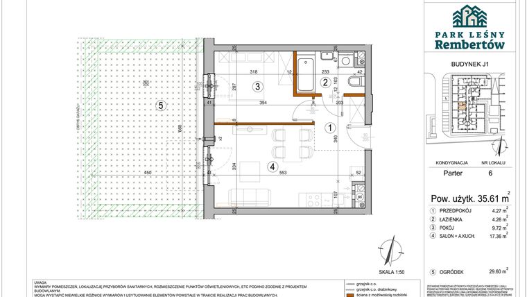 Rzut - Mieszkanie na sprzedaż 2 pokoje o powierzchni 35,61 m² - numer J1-6 w Park Leśny Rembertów etap VIII