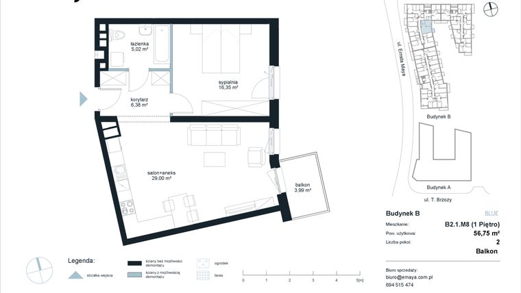 Rzut - Mieszkanie na sprzedaż 2 pokoje o powierzchni 56,75 m² - numer B2.1.M8 w EMaya