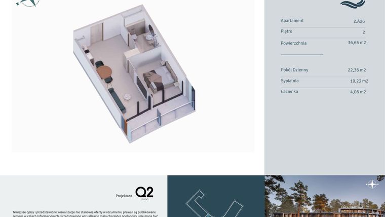 Rzut - Mieszkanie na sprzedaż 2 pokoje o powierzchni 36,65 m² - numer 2.A26 w Linea Mare - apartamenty inwestycyjne