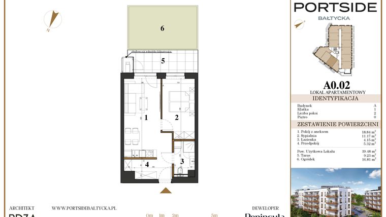 Rzut - Mieszkanie na sprzedaż 2 pokoje o powierzchni 39,48 m² - numer A0.02 w Portside Bałtycka