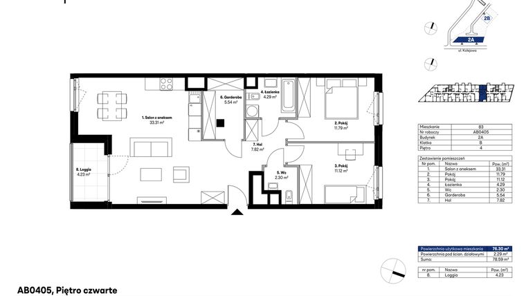 Rzut - Mieszkanie na sprzedaż 3 pokoje o powierzchni 76,07 m² - numer AB0405 w NU2 Warszawa Wola